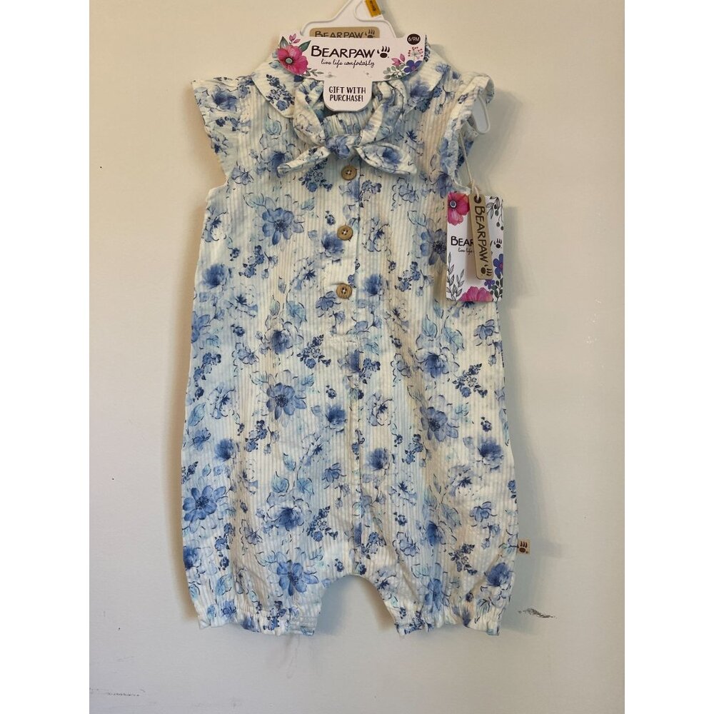 Bearpaw Baby Girls Floral Blue Romper Outfit 6/9M